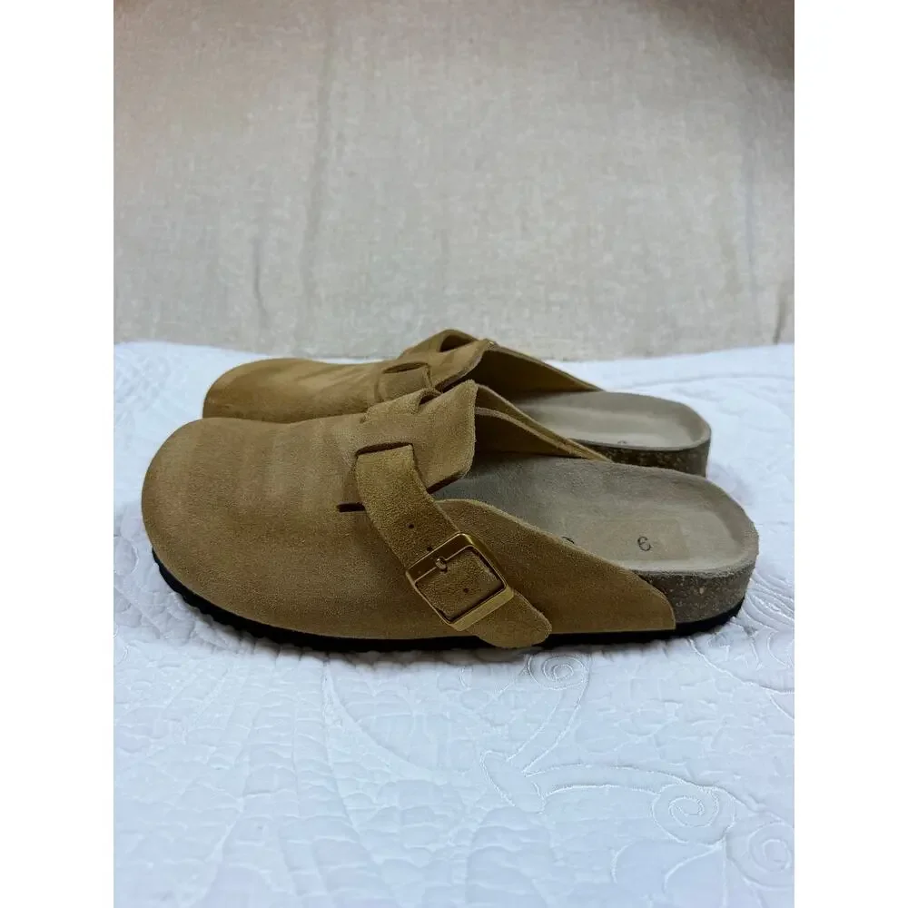 Quince Women 9 Tan Suede Slip On Clog Adjustable Strap Casual Comfort Mule Shoes